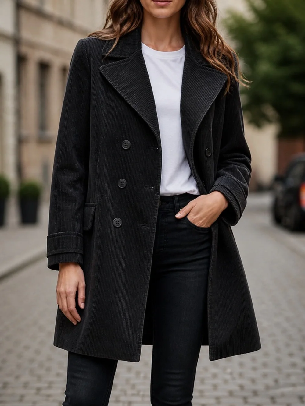 H&M Black Corduroy PeaCoat Double Breasted Longline Tailored Coat Size 12